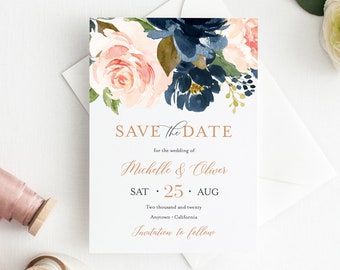 Editable Rose Gold Navy Blush Save the Date DIY Template, Printable Save the Date, Pink Blue Boho, Templett, Instant Download 542-A