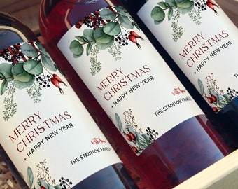 Editable Christmas Wine Bottle Label, Winter Foliage Full Size Wine Bottle Label, Printable Drink Gift Label Template Instant Download 209-A
