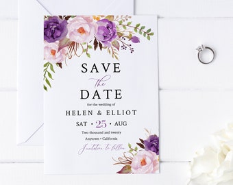 Lavender Boho Printable Save the Date, Editable Save the Date DIY Template, Purple Lilac Green Floral Save Date, Instant Download, 530-A