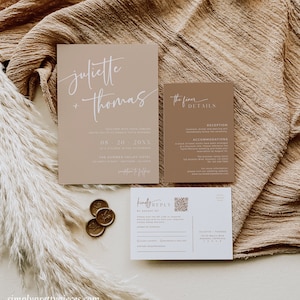 May include: A wedding invitation suite with a brown and beige color scheme. The invitation features the couple's names, "Juliette + Thomas", in a handwritten script font. The RSVP card includes a QR code for guests to respond.