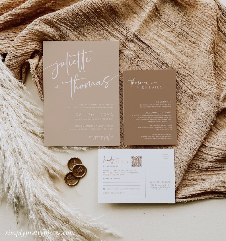 May include: A wedding invitation suite with a brown and beige color scheme. The invitation features the couple's names, "Juliette + Thomas", in a handwritten script font. The RSVP card includes a QR code for guests to respond.
