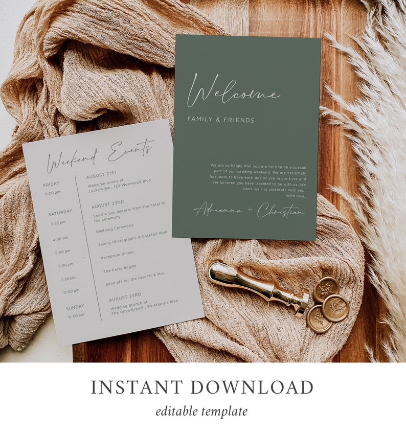 Sage Green Modern Editable Welcome Bag Letter Itinerary, Minimal Wedding Timeline, Printable Order of Events Template Instant Download 580-A image 2