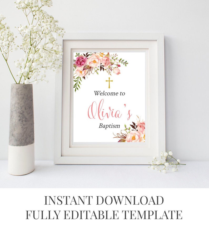 Pink Gold Boho Foral Editable Baptism Welcome Sign Instant Download 308-PG Christening Naming Day Welcome Sign Printable Sign Template