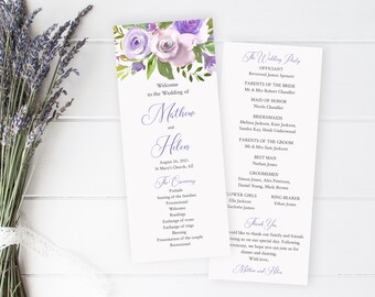 Wisteria Wedding Program, Dusty Lilac Floral Editable Program, Dusty Purple Lavender Printable Program Template, Download Templett, 555-A