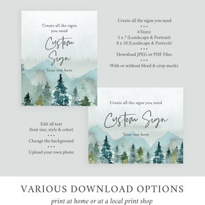 K&ouml;nnte beinhalten: Ein digitaler Download f&uuml;r ein anpassbares Schild mit einer Aquarell-Illustration einer Bergkette mit einem Wald im Vordergrund. Der Text "Custom Sign" ist in Kursivschrift geschrieben. Das Schild ist in vier Gr&ouml;&szlig;en erh&auml;ltlich: 5x7, 8x10, sowohl im Quer- als auch im Hochformat. Das Schild kann als JPEG- oder PDF-Datei heruntergeladen werden, mit oder ohne Beschnitt und Beschnittmarken.