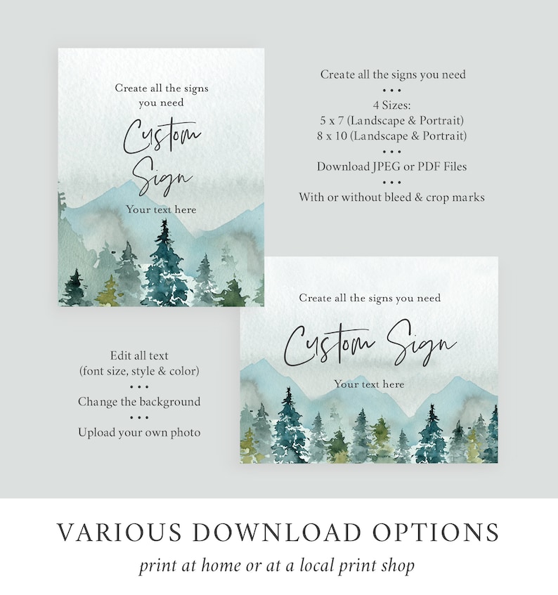 K&ouml;nnte beinhalten: Ein digitaler Download f&uuml;r ein anpassbares Schild mit einer Aquarell-Illustration einer Bergkette mit einem Wald im Vordergrund. Der Text "Custom Sign" ist in Kursivschrift geschrieben. Das Schild ist in vier Gr&ouml;&szlig;en erh&auml;ltlich: 5x7, 8x10, sowohl im Quer- als auch im Hochformat. Das Schild kann als JPEG- oder PDF-Datei heruntergeladen werden, mit oder ohne Beschnitt und Beschnittmarken.