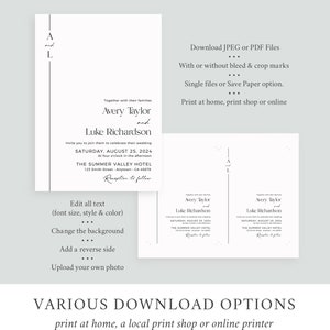 May include: A wedding invitation template with a black and white design. The invitation features the names Avery Taylor and Luke Richardson, the wedding date, and the location. The text "Download JPEG or PDF Files" is also included. The template is customizable with options to edit the text, change the background, add a reverse side, and upload a photo.