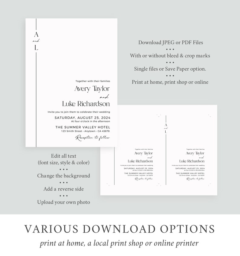 May include: A wedding invitation template with a black and white design. The invitation features the names Avery Taylor and Luke Richardson, the wedding date, and the location. The text "Download JPEG or PDF Files" is also included. The template is customizable with options to edit the text, change the background, add a reverse side, and upload a photo.