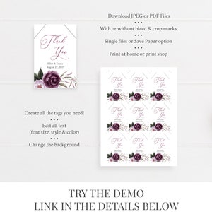 May include: Printable wedding thank you tags with a floral design. The tags feature a purple and white floral illustration with the text "Thank You" in a script font. The text "Elliot & Emma August 27, 2019" is also included on the tag. The image shows a sheet of nine tags.