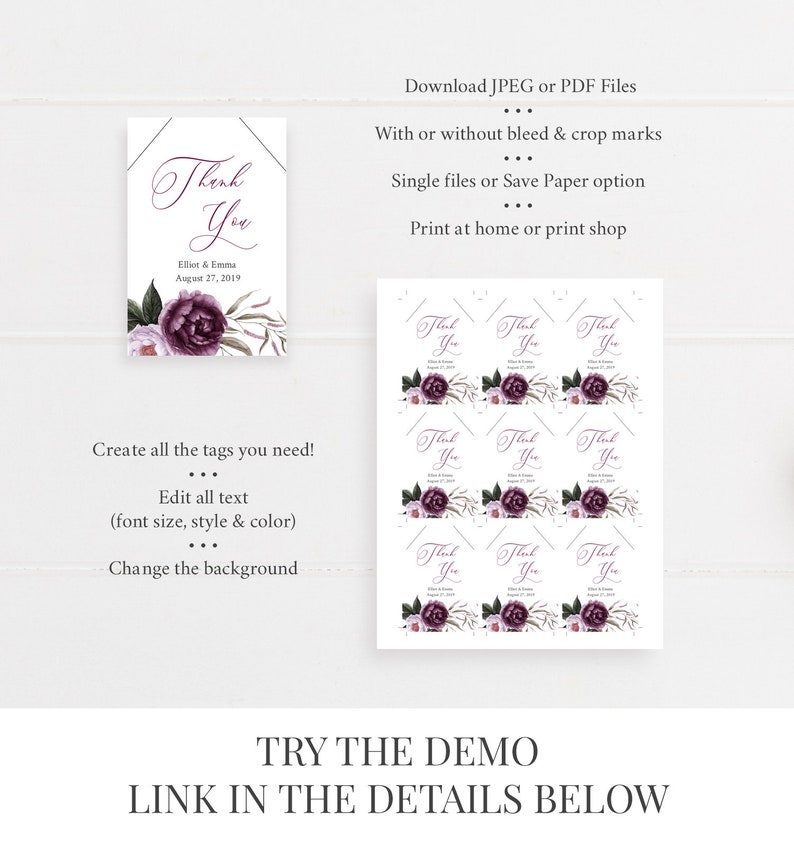 May include: Printable wedding thank you tags with a floral design. The tags feature a purple and white floral illustration with the text "Thank You" in a script font. The text "Elliot & Emma August 27, 2019" is also included on the tag. The image shows a sheet of nine tags.