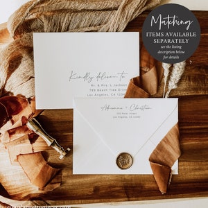 May include: Two white envelopes with handwritten addresses. The envelope on the left says "Kindly deliver to Mr. & Mrs. L. Jackson, 789 Beach Tree Drive, Los Angeles, CA 1234". The envelope on the right says "Adrianna + Christian, 105 Peter Street, Los Angeles, CA 12345". The envelope on the right has a wax seal with a floral design.