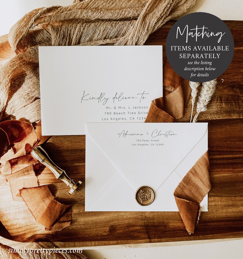May include: Two white envelopes with handwritten addresses. The envelope on the left says "Kindly deliver to Mr. & Mrs. L. Jackson, 789 Beach Tree Drive, Los Angeles, CA 1234". The envelope on the right says "Adrianna + Christian, 105 Peter Street, Los Angeles, CA 12345". The envelope on the right has a wax seal with a floral design.