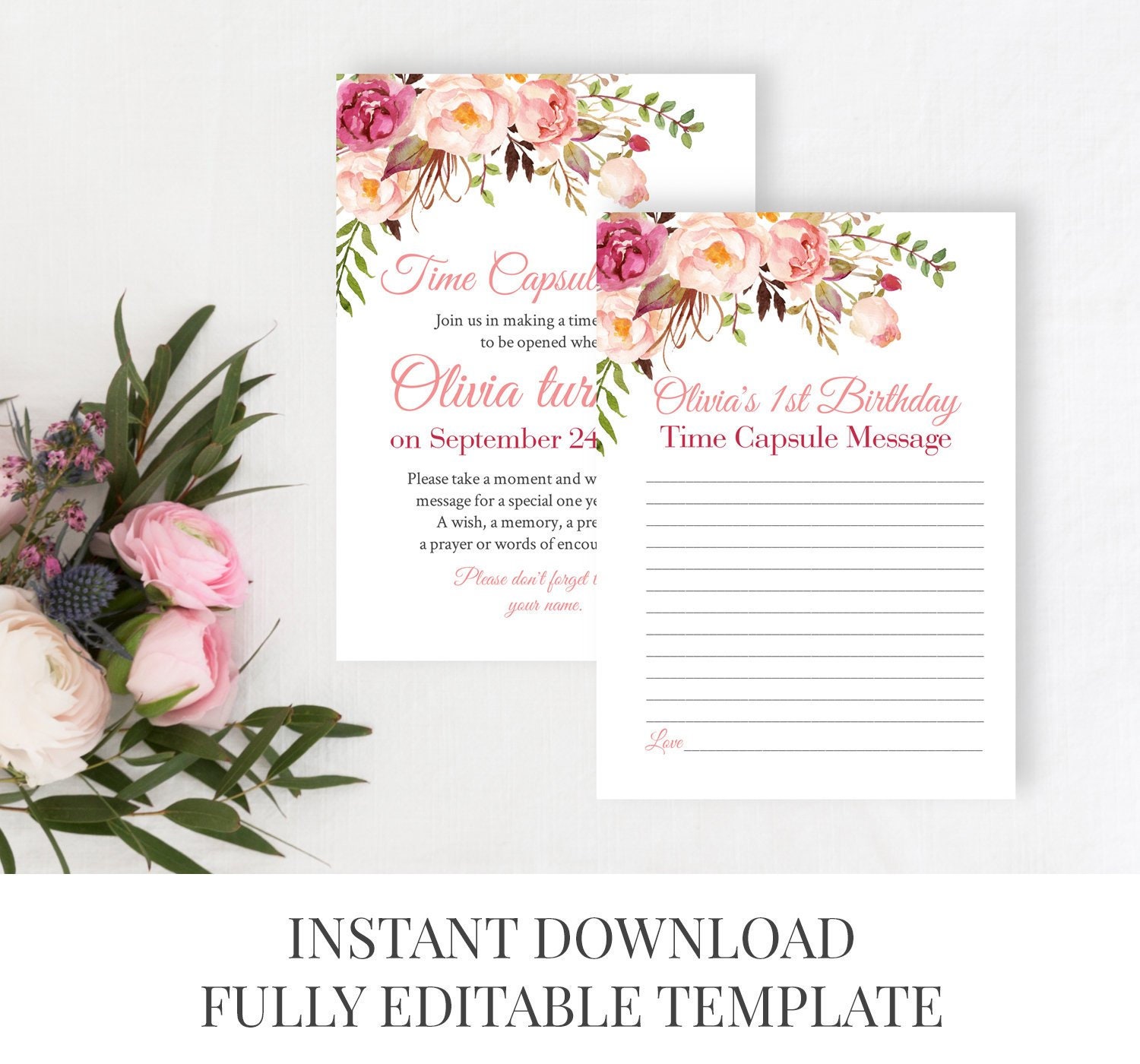 Pink Boho Editable Time Capsule, Floral First Birthday Time Capsule
