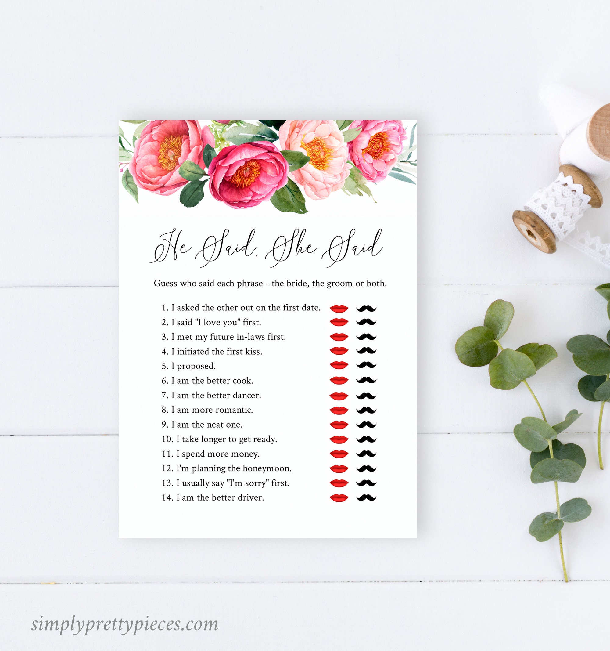 DIY Template Coral Blush Printable Bridal Guess Who Said It Game Instant Download 571-A Editable Fuchsia Peonies He Said She Said Game DIY Template Coral Blush Printable Bridal Guess Who Said It Game Instant Download 571-A Editable Fuchsia Peonies He Said She Said Game