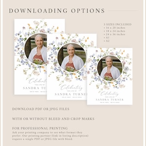 May include: A printable memorial template featuring a floral wreath with blue and yellow flowers surrounding a photo of a woman. The text "Celebrating the life of Sandra Turner" is included. The template is available in five sizes: 40.6x50.8 cm, 45.7x61 cm, 61x91.4 cm, A1, and A2.
