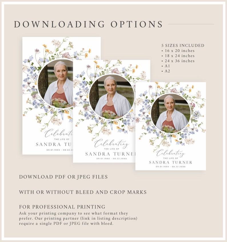 May include: A printable memorial template featuring a floral wreath with blue and yellow flowers surrounding a photo of a woman. The text "Celebrating the life of Sandra Turner" is included. The template is available in five sizes: 40.6x50.8 cm, 45.7x61 cm, 61x91.4 cm, A1, and A2.