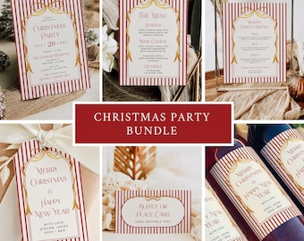 Holiday Dinner Party Pack, Red Stripe Christmas Party Bundle, Printable Xmas, Editable Template, 226-A