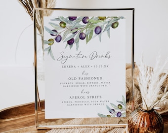 Editable Olive Signature Drinks Sign, Olive Branch Cocktails Sign, Rustic Mediterranean Printable Wedding Sign Template, Inst Download 563-A