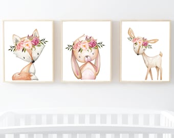 Pink Peonies Woodland Animals Boho Printable Nursery Art, Animals Nursery Decor Floral Art Fox Rabbit Deer Set of 3 Instant Download 610-A