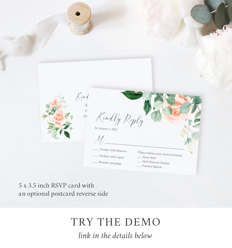 Peach Greenery Floral Editable Wedding Invitation Suite, Peach Eucalyptus RSVP Details, Peach Printable Template, Instant Download, 551-A image 5