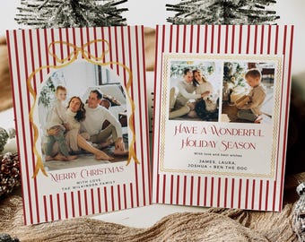Editable Striped Holiday Card, Christmas Card Template with Photo, Printable Vintage Xmas Bow, 226-A