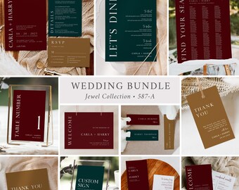 Jewel Tone Wedding Invitation Pack, Printable Wedding Set, Jewel Toned Wedding Bundle, Fall Wedding Stationery Bundle Editale Template 587-A