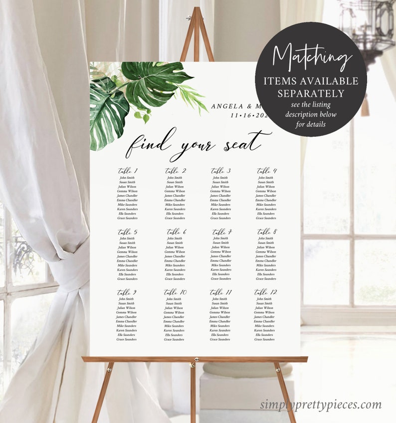 May include: A white wedding seating chart with a tropical leaf design. The chart lists tables 1 through 12 with guest names. The text "find your seat" is written in black cursive font. The text "Angela & M 11-16-202" is written in black font. The text "Matching Items Available Separately see the listing description below for details" is written in black font.