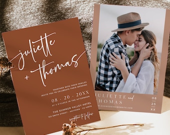 Desert Wedding Invitation Template, Rust Wedding Invitation, Boho Wedding Invite, Terracotta Modern Photo Invite Burnt Orange Editable 594-B