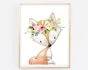 Boho Fox Printable Wall Art, Floral Fox Nursery Art Print, Woodland Animals Nursery Girls Room Art, Girl Decor, Flower Crown Download 602-A