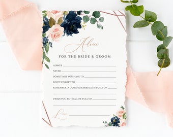 Editable Navy Rose Gold Geometric Advice for the Bride and Groom, Pink Printable Bridal Shower Template, Advice Card, Instant Download 529-A