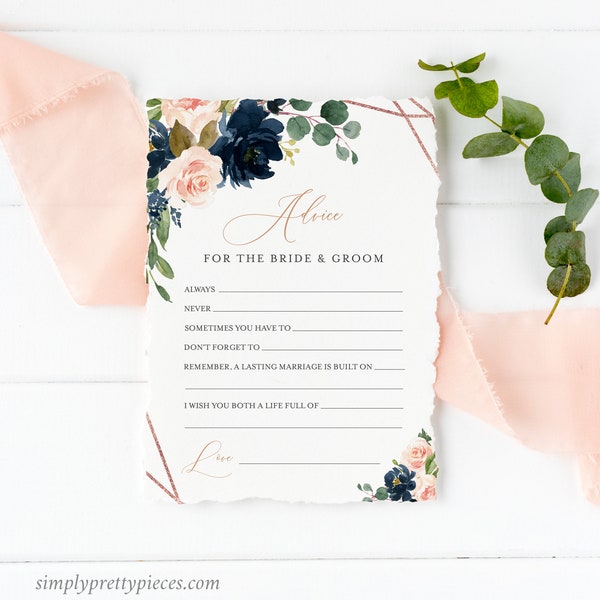 Navy Rose Gold Geometric Editable Advice for the Bride and Groom, Pink Printable Bridal Shower Template, Advice Card, Instant Download 529-A