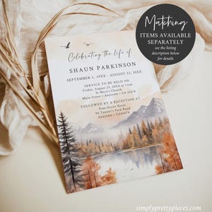 May include: A watercolor illustration of a mountain landscape with a lake in the foreground. The illustration is in shades of blue, green, and brown. The text "Celebrating the life of Shaun Parkinson" is at the top of the image. The text "September 1, 19XX - August 22, 20XX" is below the name. The text "Service to be held on Friday, August 25, 20XX at 11am St Mary's Church Main Street Anytown CA 45678" is below the date. The text "Followed by a reception at Pine Grove Hotel 96 Tanner's Park Road Anytown CA45678" is below the service information.