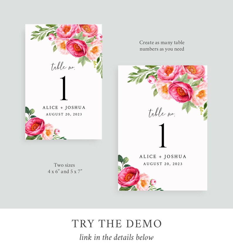 May include: Printable wedding table number card with pink and white floral design. The card says "table no. 1" and "Alice + Joshua August 20, 2023".