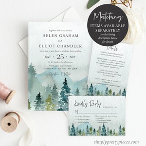 May include: A wedding invitation suite with a watercolor background of a forest with blue and green trees. The invitation includes the names Helen Graham and Elliot Chandler, the date Saturday, September 25th, and the location North Lakes Country Club. The RSVP card includes a choice of dinner options: Roast Beef, Herb Roasted Chicken, and Pan-Seared Salmon.