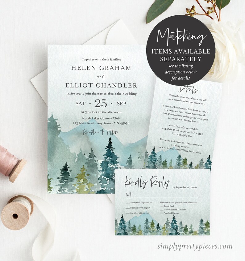 May include: A wedding invitation suite with a watercolor background of a forest with blue and green trees. The invitation includes the names Helen Graham and Elliot Chandler, the date Saturday, September 25th, and the location North Lakes Country Club. The RSVP card includes a choice of dinner options: Roast Beef, Herb Roasted Chicken, and Pan-Seared Salmon.