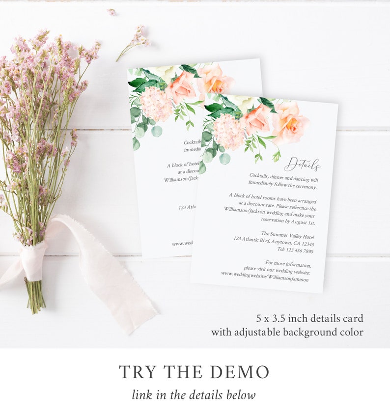 Peach Greenery Floral Editable Wedding Invitation Suite, Peach Eucalyptus RSVP Details, Peach Printable Template, Instant Download, 551-A image 4