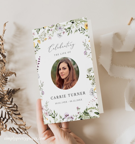 Woman's Funeral Booklet Program, Foldable Memorial Program Printable Wildflower Celebration of Life Booklet Template, Editable Program 581-A