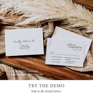 May include: A white RSVP card with the text "kindly deliver to" and an address. The card also includes the text "please respond by August 1, 2024" and a list of dinner entree options. The card is 5 inches by 5 inches and has an optional postcard reverse side.