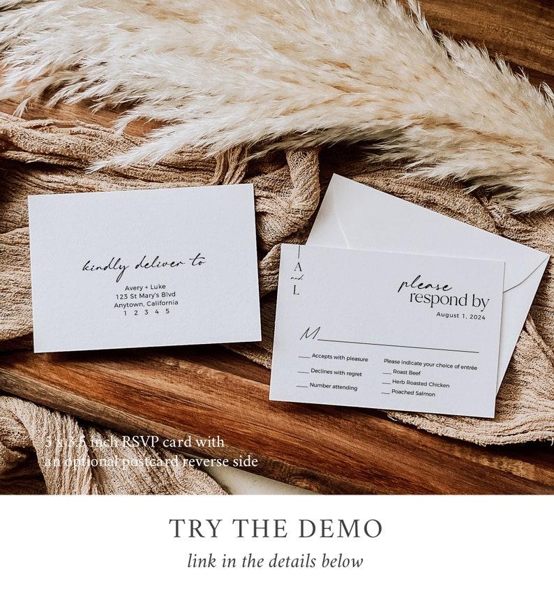 May include: A white RSVP card with the text "kindly deliver to" and an address. The card also includes the text "please respond by August 1, 2024" and a list of dinner entree options. The card is 5 inches by 5 inches and has an optional postcard reverse side.