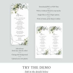Puede incluir: Una plantilla de men&uacute; de boda imprimible con un dise&ntilde;o floral verde y blanco. El men&uacute; incluye los nombres Lily y Nicholas, la fecha 25 de septiembre de 2023 y una lista de alimentos. El texto "Try the Demo" est&aacute; en la parte inferior de la imagen.