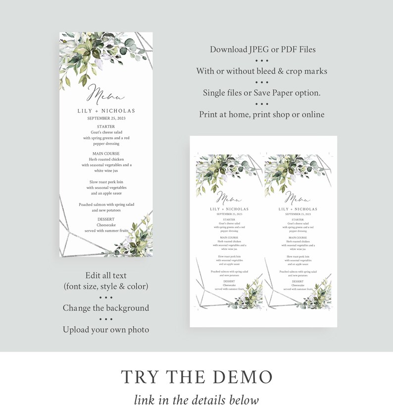 Puede incluir: Una plantilla de men&uacute; de boda imprimible con un dise&ntilde;o floral verde y blanco. El men&uacute; incluye los nombres Lily y Nicholas, la fecha 25 de septiembre de 2023 y una lista de alimentos. El texto "Try the Demo" est&aacute; en la parte inferior de la imagen.