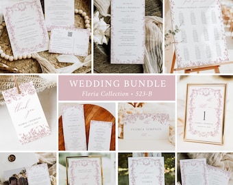 Pink Chinoiserie Wedding Set French Floral Wedding Invitation Suite, Toile Wedding Bundle Vintage Wedding Stationery Editable Template 523-B