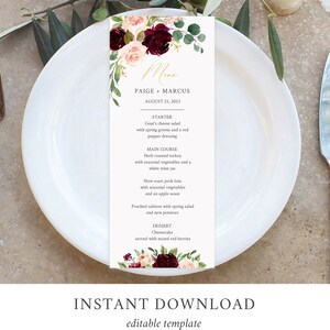 May include: A wedding menu card with floral decoration, displaying the names "PAIGE + MARCUS" and the date "AUGUST 25, 2023." The menu lists starter, main course, and dessert choices. The words "INSTANT DOWNLOAD" and "editable template" are at the bottom.