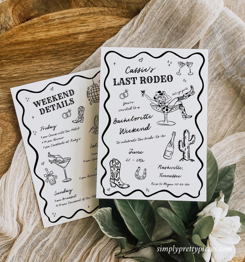 Western-themed bachelorette party with quirky doodle "last rodeo" graphics and a hand written font.