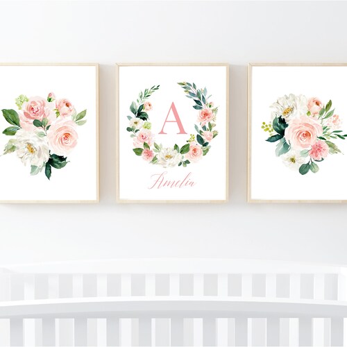 Pink Navy Floral Monogram Wreath Nursery Art Printable Pink Etsy