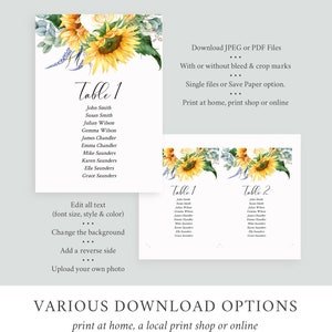 K&ouml;nnte beinhalten: Eine druckbare Tischnummerkarte mit einem Sonnenblumen- und Gr&uuml;npflanzen-Design. Die Karte tr&auml;gt den Text "Tisch 1" und eine Namensliste. Der Text "JPEG- oder PDF-Dateien herunterladen" befindet sich oben auf der Karte.