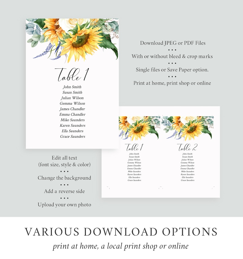 K&ouml;nnte beinhalten: Eine druckbare Tischnummerkarte mit einem Sonnenblumen- und Gr&uuml;npflanzen-Design. Die Karte tr&auml;gt den Text "Tisch 1" und eine Namensliste. Der Text "JPEG- oder PDF-Dateien herunterladen" befindet sich oben auf der Karte.