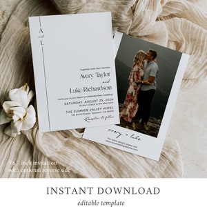 May include: A white wedding invitation with a black border and a photo of a couple. The invitation reads "Avery Taylor and Luke Richardson" and includes the wedding date, time, and location. The text "Reception to follow" is written in cursive.