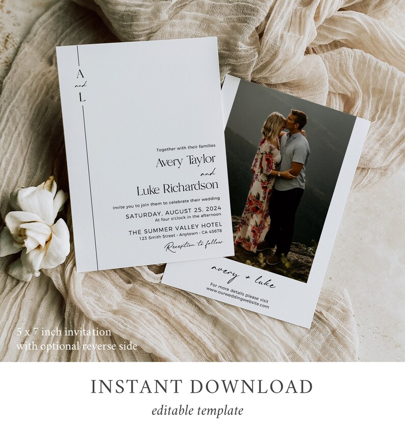 May include: A white wedding invitation with a black border and a photo of a couple. The invitation reads "Avery Taylor and Luke Richardson" and includes the wedding date, time, and location. The text "Reception to follow" is written in cursive.