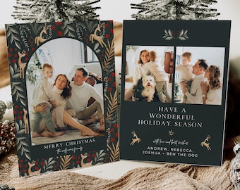 Editable Scandi Holiday Card, Printable Christmas Card with Photo, Nordic Christmas Card Template, Xmas Card, Deer Photo Holiday Card, 218-A